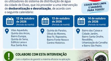 A Aquaelvas – Águas de Elvas, S.A. vai realizar uma intervenção de desbaratização e desratização em várias zonas da cidade de Elvas