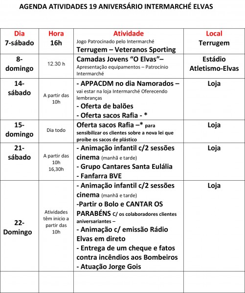 AGENDA ATIVIDADES 19 ANIVERSÁRIO INTERMARCHÉ ELVAS